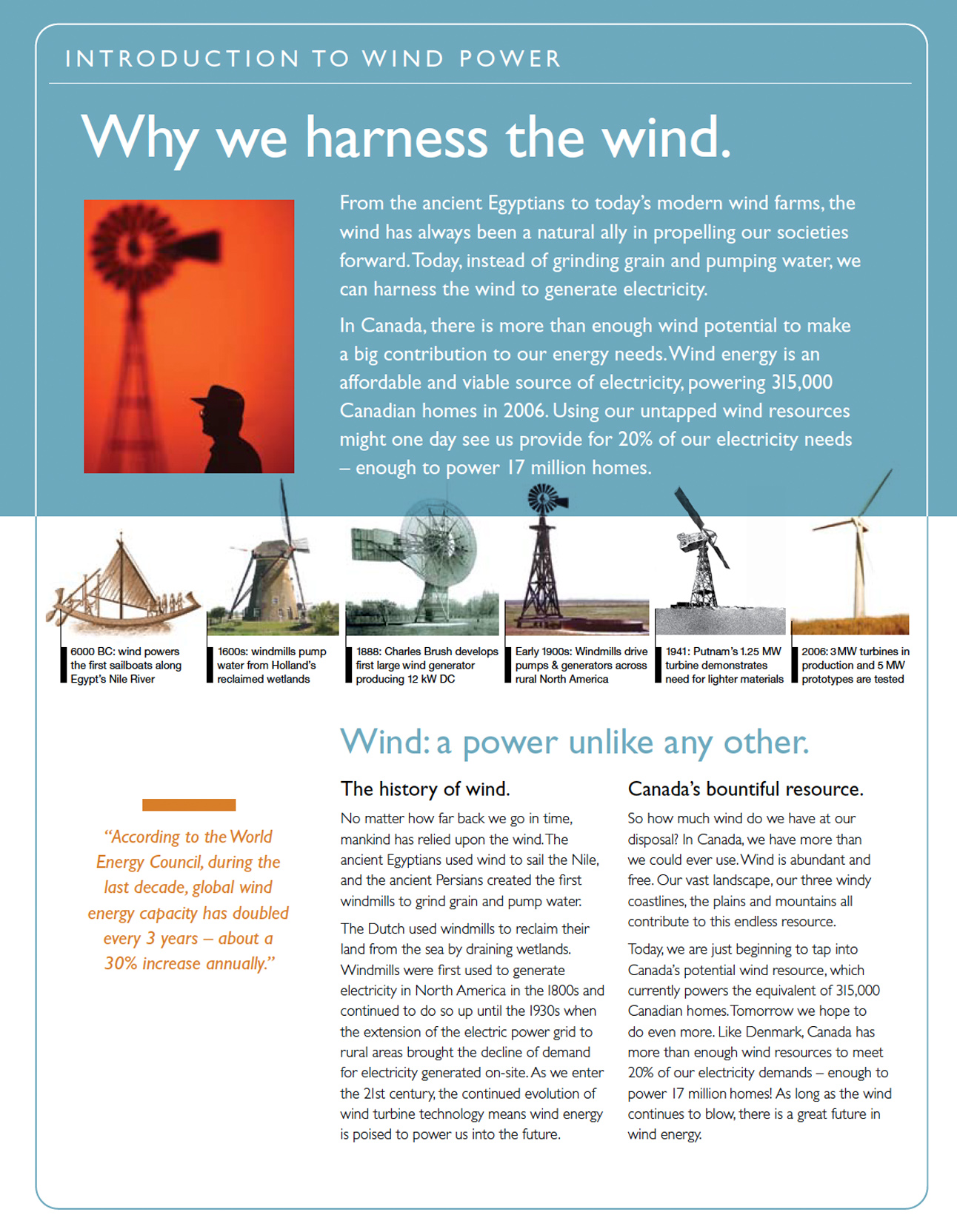 renewable energy infographics are peppered throughout this comprehensive information kit on wind energy in Canada